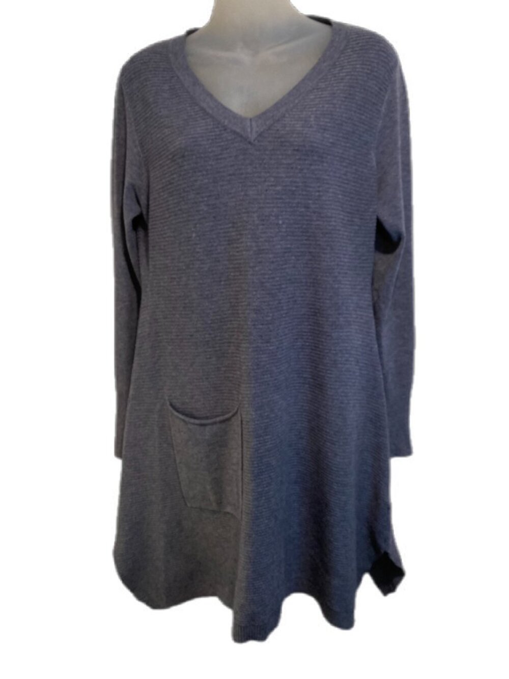Patrizia Luca Milano V-Neck Tunic Sweater Ribbed Knit Blue Gray L Lagenlook